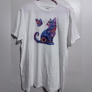 Colorful‎ Cat Graphic T-Shirt handmade unisex size large white tee 100% Cotten